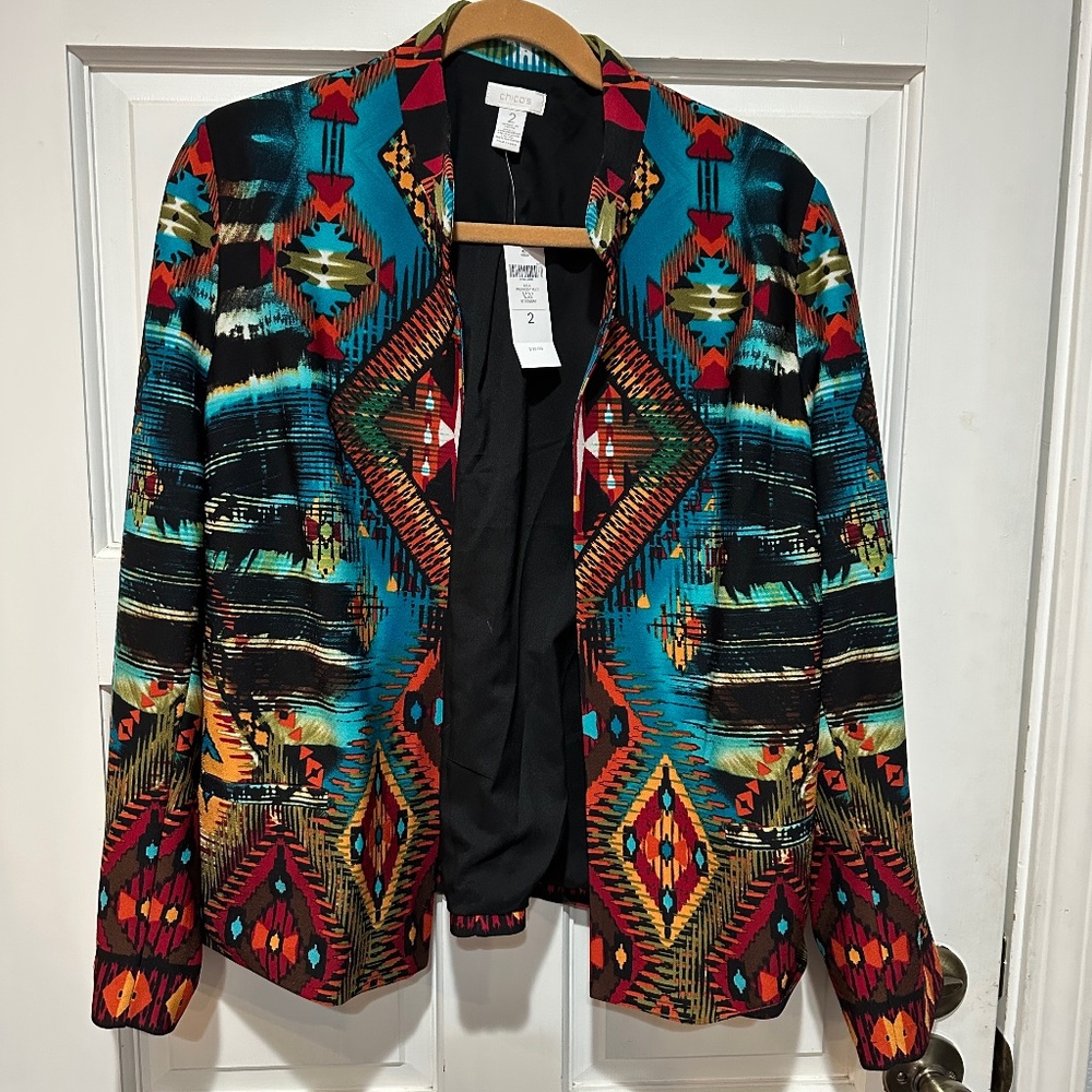 Chico's Aztec Southwestern Kaila Open Front Cardigan Blazer Jacket Size 2 LG 12